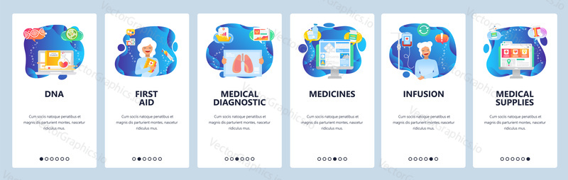 Onboarding for web site and mobile app. Menu banner vector template for website and application development. DNA, First aid, Medical diagnostic and supplies, Medicines, Infusion walkthrough screens.
