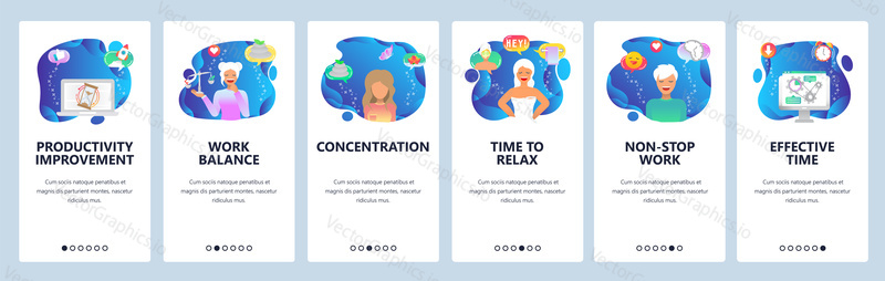 Onboarding for web site and mobile app. Menu banner vector template for website and application development. Productivity improvement, Work balance, Concentration, Time to relax and other screens.