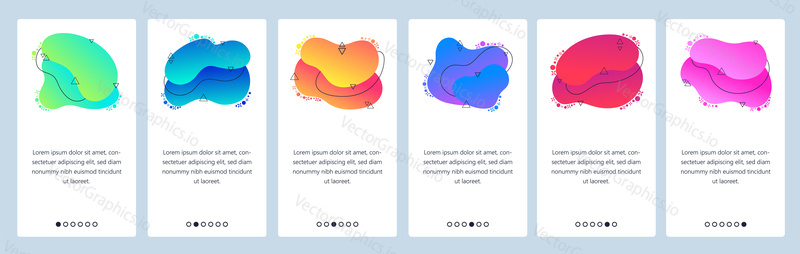 Website and mobile app onboarding screens. Menu banner vector template for web site and application development with trendy pink, blue, violet and other color gradient dynamic liquid abstract shapes