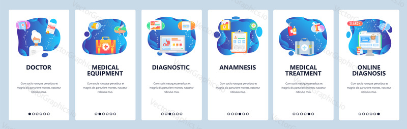 Onboarding for web site and mobile app. Menu banner vector template for website and application development. Doctor, Medical equipment, Diagnostic Anamnesis Medical treatment, Online diagnosis screens