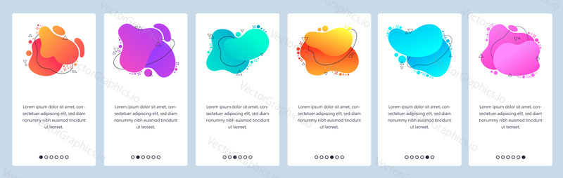 Website and mobile app onboarding screens. Menu banner vector template for web site and application development with trendy blue violet orange and other color gradient dynamic liquid abstract shapes