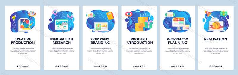 Onboarding for web site and mobile app. Menu banner vector template for website and application development. Creative production, Innovation research, Company branding and other walkthrough screens.