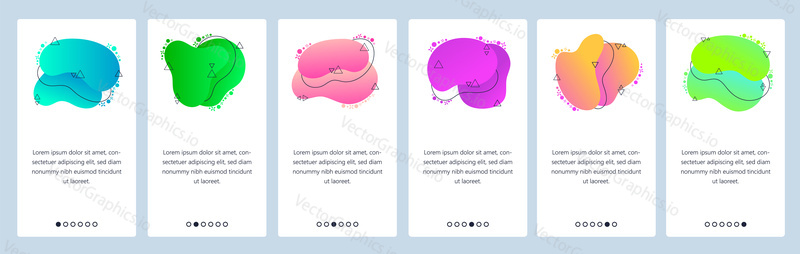 Website and mobile app onboarding screens. Menu banner vector template for web site and application development with trendy green, violet, blue and other color gradient dynamic liquid abstract shapes