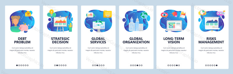 Onboarding for web site and mobile app. Menu banner vector template for website and application development. Debt problem, Strategic decision, Global services and organization and other screens.