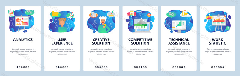 Onboarding for web site and mobile app. Menu banner vector template for website and application development. Analytics UX Creative, competitive solutions, Technical assistance, Work statistic screens.