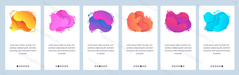 Website and mobile app onboarding screens. Menu banner vector template for web site and application development with trendy yellow, violet, orange, other color gradient dynamic liquid abstract shapes