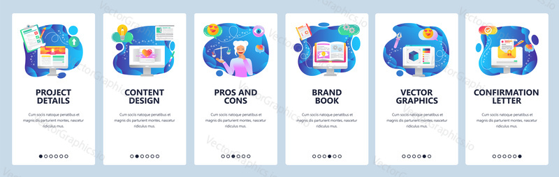 Onboarding for web site and mobile app. Menu banner vector template for website and application development. Project details, Content design, Pros and Cons, Brand book, Vector graphics screens.