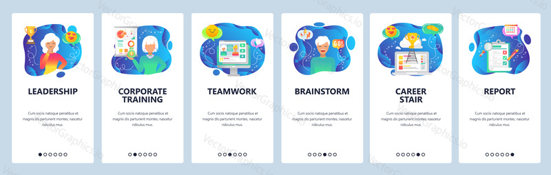 Onboarding for web site and mobile app. Menu banner vector template for website and application development. Leadership, Corporate training, Teamwork, Brainstorm, Career stair, Report screens.