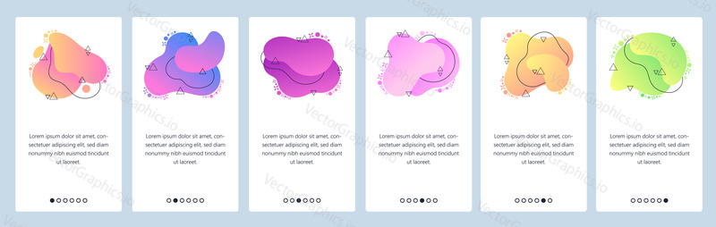 Website and mobile app onboarding screens. Menu banner vector template for web site and application development with trendy pink, violet, green and other color gradient dynamic liquid abstract shapes