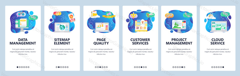 Onboarding for web site and mobile app. Menu banner vector template for website and application development. Data and project management, Sitemap element, Page quality, Customer services screens.