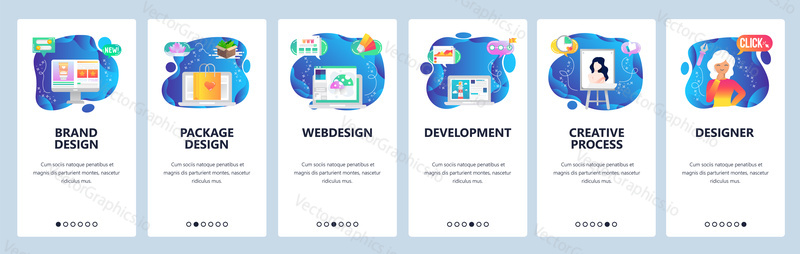 Onboarding for web site and mobile app. Menu banner vector template for website and application development. Brand and package design, Webdesign, Development, Creative process, Designer screens.