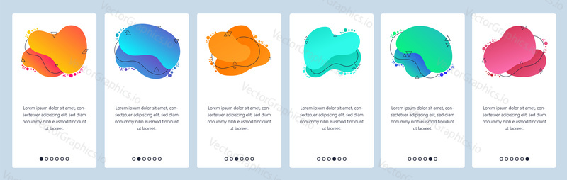 Website and mobile app onboarding screens. Menu banner vector template for web site and application development with trendy pink, orange, blue and other color gradient dynamic liquid abstract shapes