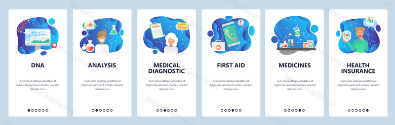 Mobile app onboarding screens. Pharmacy lab, drugs, DNA analysis, first aid, clinic doctor. Menu vector banner template for website and mobile development. Web site design flat illustration.