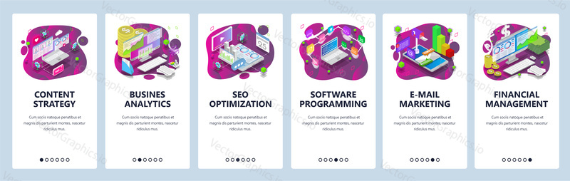 Mobile app onboarding screens. Infographic elements, isometric financial icons, chart, marketing, business analytics. Vector banner template for website and mobile development. Web site illustration.