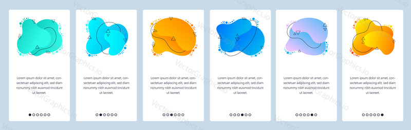Website and mobile app onboarding screens. Menu banner vector template for web site and application development with trendy blue and yellow gradient abstract dynamic fluid shapes.