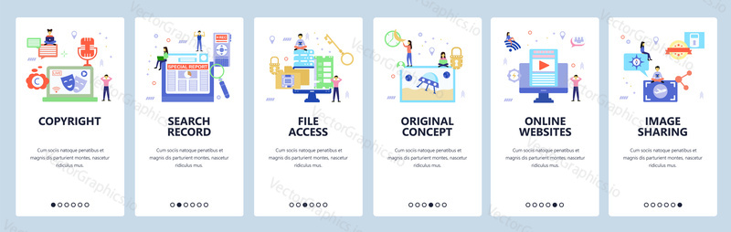 Onboarding for web site, mobile app. Menu banner vector template for website and application development. Copyright, Search record, File access, Online websites walkthrough screens. Flat style design.