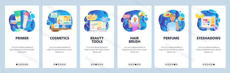 Beauty products web site and mobile app onboarding screens. Menu banner vector template for website and application development with blue shapes. Cosmetics, makeup, perfumes and natural beauty tools.