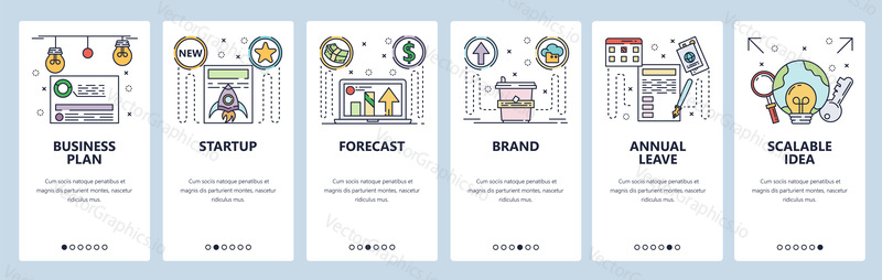Branding and marketing web site and mobile app onboarding screens. Menu banner vector template for website and application development. Thin line art flat style.