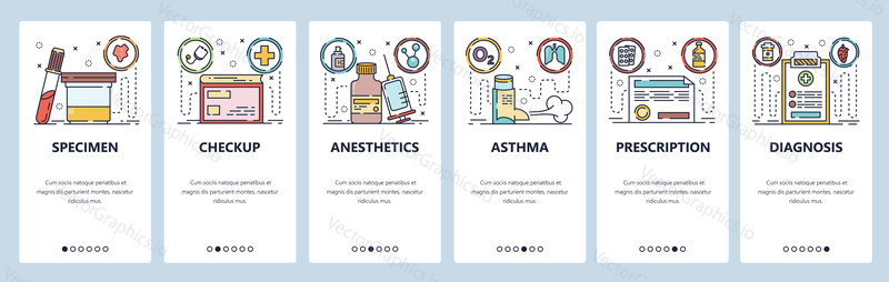 Mobile app onboarding screens. Medical accessories and drugs, asthma spray, prescriptions. Menu vector banner template for website and mobile development. Web site design flat illustration.