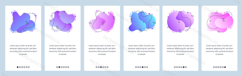 Website and mobile app onboarding screens. Menu banner vector template for web site and application development with trendy violet, purple and pink gradient abstract dynamic fluid shapes.