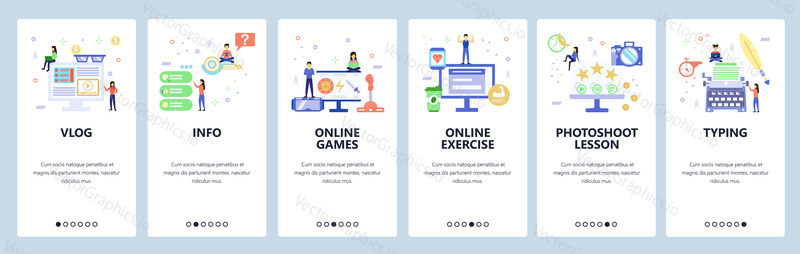 Onboarding for web site, mobile app. Menu banner vector template for website and application development. Vlog, Info, Online games and exercises, Photoshoot lesson, Typing screens. Flat style design.