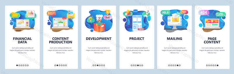 Mobile app onboarding screens. Financial data, content production, education and reading book, email. Menu vector banner template for website and mobile development. Web site design flat illustration.