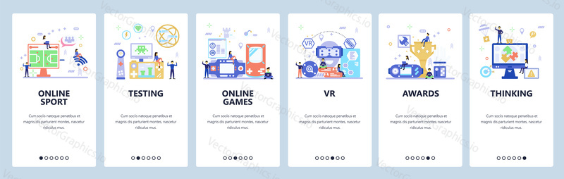 Esports web site and mobile app onboarding screens. Menu banner vector template for website and application development. Flat style design.