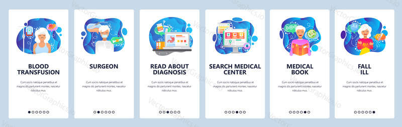 Mobile app onboarding screens. Surgeon doctor, blood transfusion, medical book, sick female patient. Menu vector banner template for website and mobile development. Web site design flat illustration.