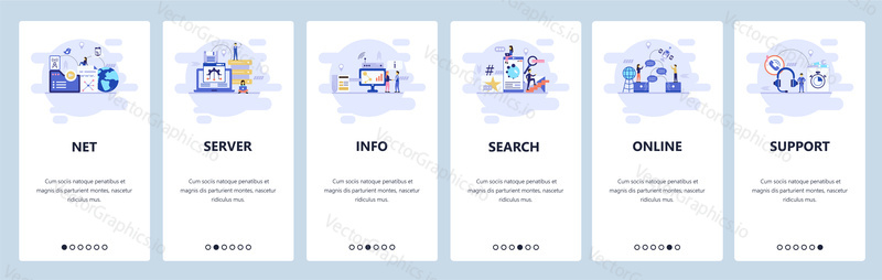 Mobile app onboarding screens. Server, search, people, online messages, call center. Menu vector banner template for website and mobile development. Web site design flat illustration.