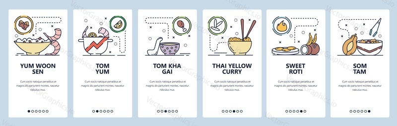 Mobile app onboarding screens. Thai cuisine, food menu, tom yum soup, roti, som tam salad, thai yellow curry. Vector banner template for website and mobile development. Web site design flat illustration.