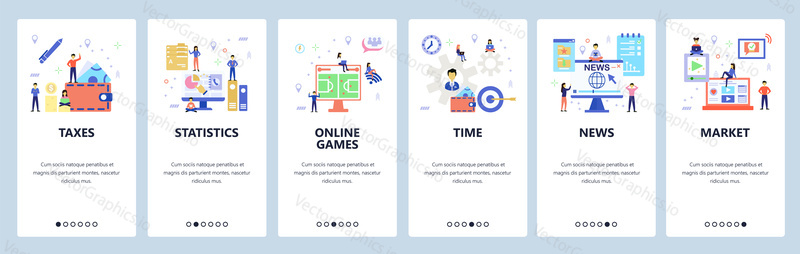 Onboarding for web site, mobile app. Menu banner vector template for website and application development. Taxes, Statistics, Online games, Time, News, Market walkthrough screens. Flat style design.