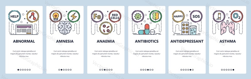 Mobile app onboarding screens. Healgh issues, amnesia illness, antibiotics, asthma, drugs. Menu vector banner template for website and mobile development. Web site design flat illustration.