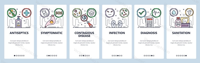 Mobile app onboarding screens. Stomach pain, health problems, disease, kidney infection, antiseptic. Menu vector banner template for website and mobile development. Web site design flat illustration.