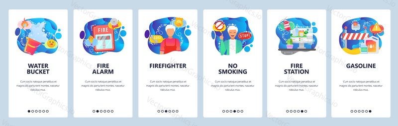 Mobile app onboarding screens. Fire fighting station, man firefighter, alarm signal, no smoking sign, flammable stuff. Menu vector banner template for website and mobile development. Web site design flat illustration.