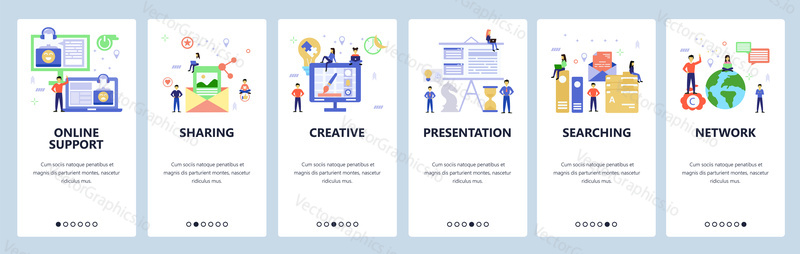 Onboarding for web site, mobile app. Menu banner vector template for website and application development. Online support, Sharing, Searching, Presentation other walkthrough screens. Flat style design.