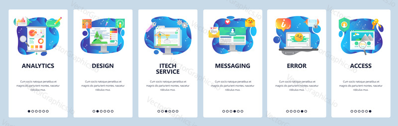 Mobile app onboarding screens. Financial analytics and data, draw, computer error and secure access. Menu vector banner template for website and mobile development. Web site design flat illustration.