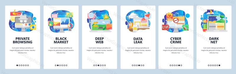 Mobile app onboarding screens. Cyber security, private browsing, data leak, deep web and darknet, black market. Vector banner template for website and mobile development. Site design flat illustration.
