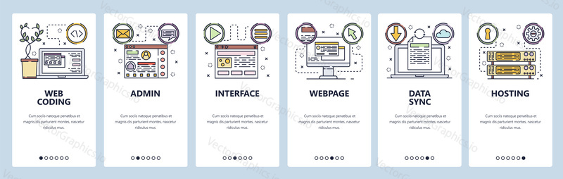 Mobile app onboarding screens. Coding, software development, data sync and cloud technology, hosting. Menu vector banner template for website and mobile development. Web site design flat illustration.
