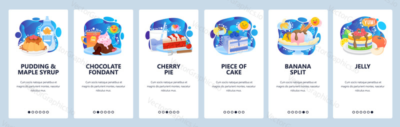 Mobile app onboarding screens. Breakfast sweets, pudding, chocolate, cherry pie, berry cake, jelly. Menu vector banner template for website and mobile development. Web site design flat illustration.