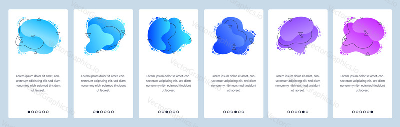 Website and mobile app onboarding screens. Menu banner vector template for web site and application development with trendy blue navy purple and violet gradient abstract dynamic fluid shapes.