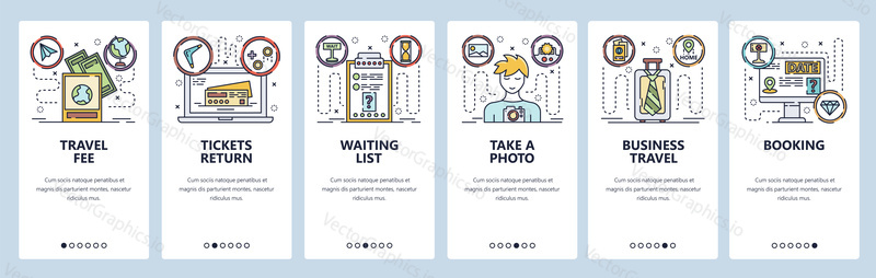 Mobile app onboarding screens. Business travel, buy tickets, online booking, passport photo. Menu vector banner template for website and mobile development. Web site design flat illustration.