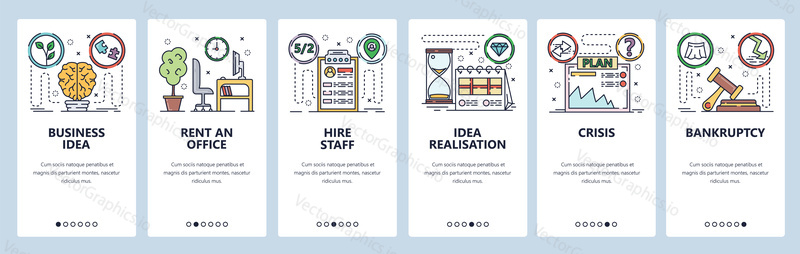 Mobile app onboarding screens. Business idea and plan, crisis and bankruptcy, rent an office. Menu vector banner template for website and mobile development. Web site design flat illustration.