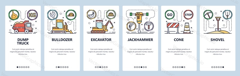 Mobile app onboarding screens. Construction industry icons, heavy machines, dump truck, bulldozer, excavator. Menu vector banner template for website and mobile development. Web site design flat illustration.