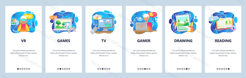 Mobile app onboarding screens. Hobby and leisure activities, computer games, watching tv, reading book, drawing. Menu vector banner template for website and mobile development. Web site design flat illustration.
