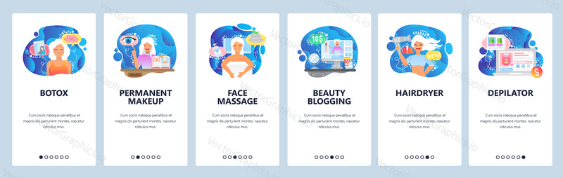 Mobile app onboarding screens. Face massage, beauty spa, cosmetic, botox, hair cut. Menu vector banner template for website and mobile development. Web site design flat illustration.
