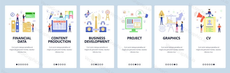 Onboarding for web site, mobile app. Menu banner vector template for website and application development. Financial data, Content production, Business development, Project, Graphics, CV screens.
