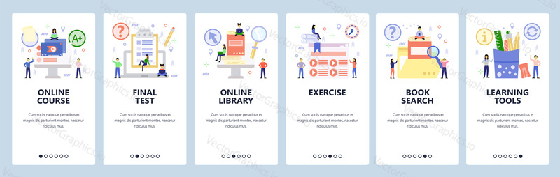 Mobile app onboarding screens. Online education, video lecture and course tutorial, digital library. Menu vector banner template for website and mobile development. Web site design flat illustration.