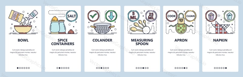 Mobile app onboarding screens. Kitchen accessories and stuff. Menu vector banner template for website and mobile development. Web site design flat illustration.