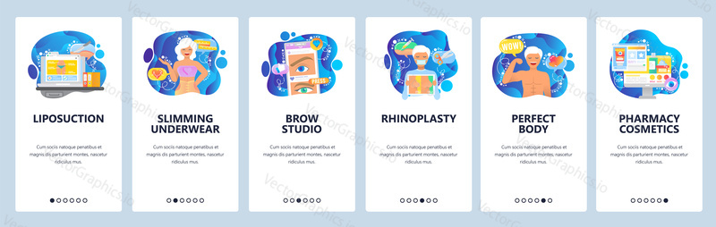 Plastic surgery web site and mobile app onboarding screens. Menu banner vector template for website and application development. Surgical cosmetic procedures liposuction, rhinoplasty surgery.