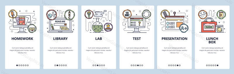 Mobile app onboarding screens. School education, chemistry lab, homework, library and test. Menu vector banner template for website and mobile development. Web site design flat illustration.